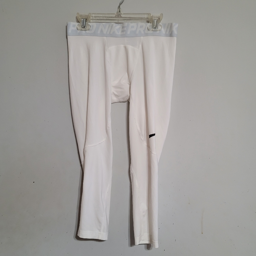 Nike Men's Tights White sz Medium Training Black Logo EUC‎ Athletic Workout Run
